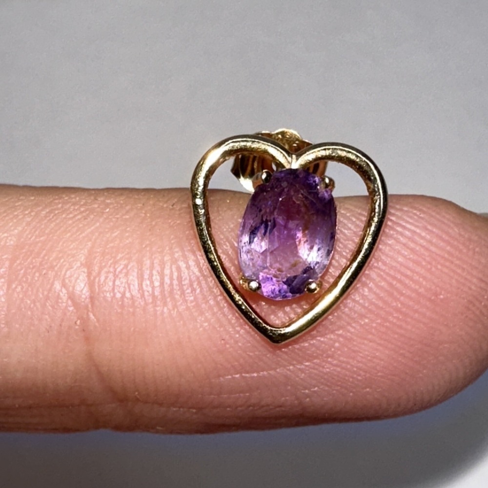 14k Gold Amethyst Earring Heart SINGLE ONE Oval Faceted Post Stud Signed